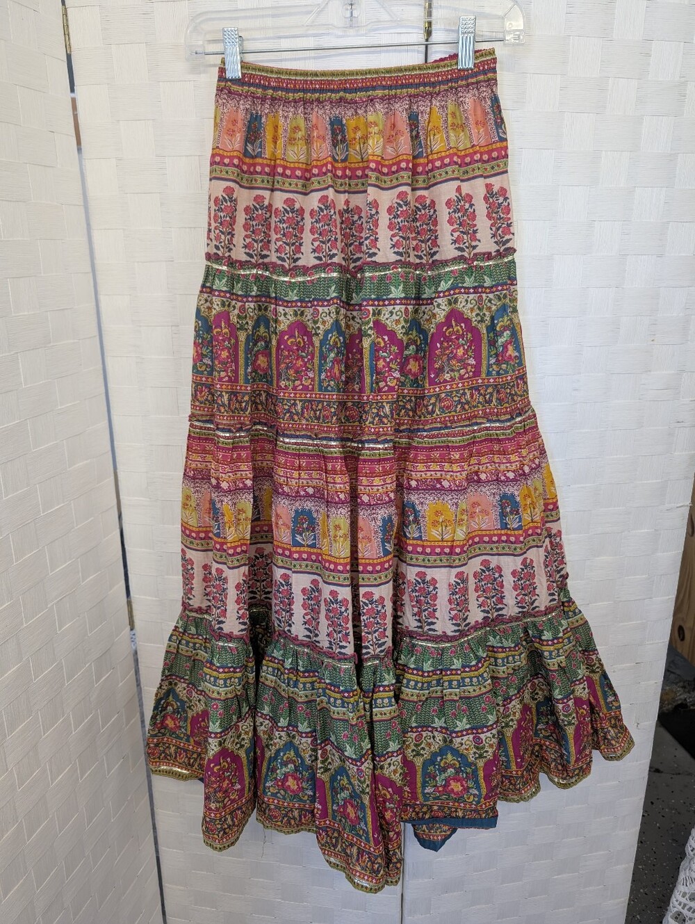 Maxi Skirt Bohemian Hippie Peasant Festival Floral Tiered  - Pink & Green Sz S - Picture 3 of 5
